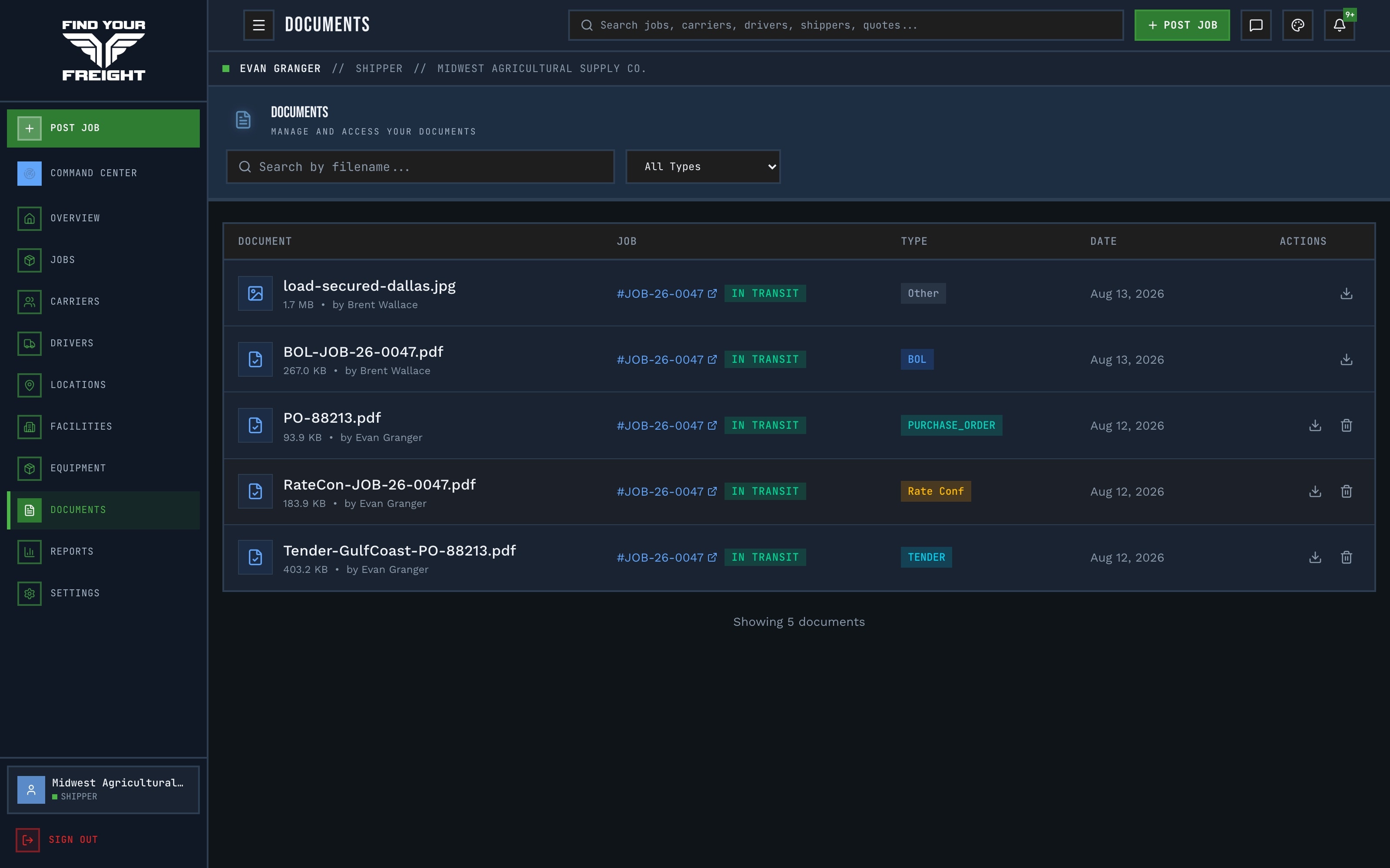 Documents view — BOL, POD, rate confirmation, and photos tied to the job